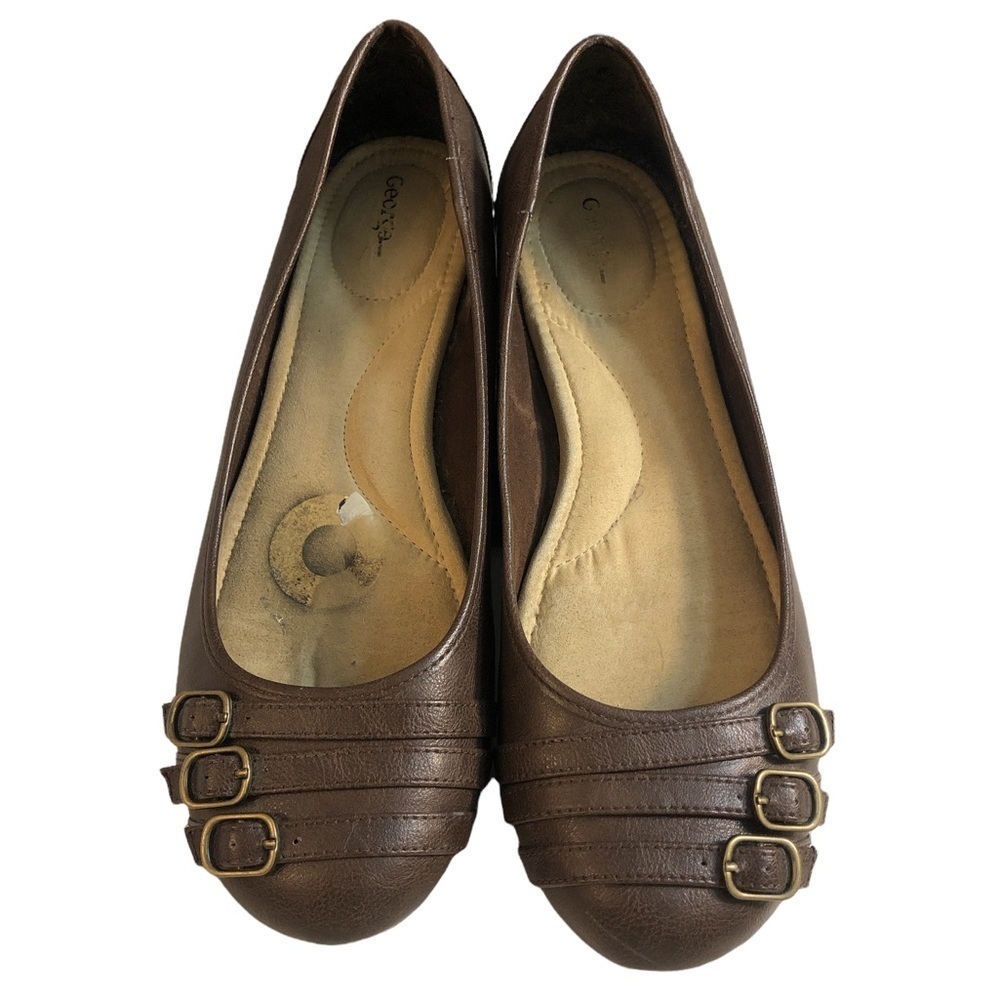 [10] Brown Vegan Leather Ballet Flats, Bronze Buckles, George, VGUC​​​​​